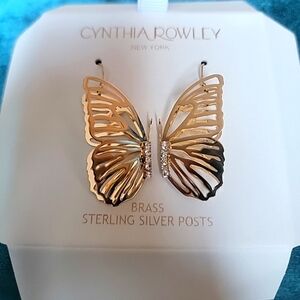 CYNTHIA ROWLEY Butterfly Brass w/ Rhinestone Drop Dangle Earrings NEW
